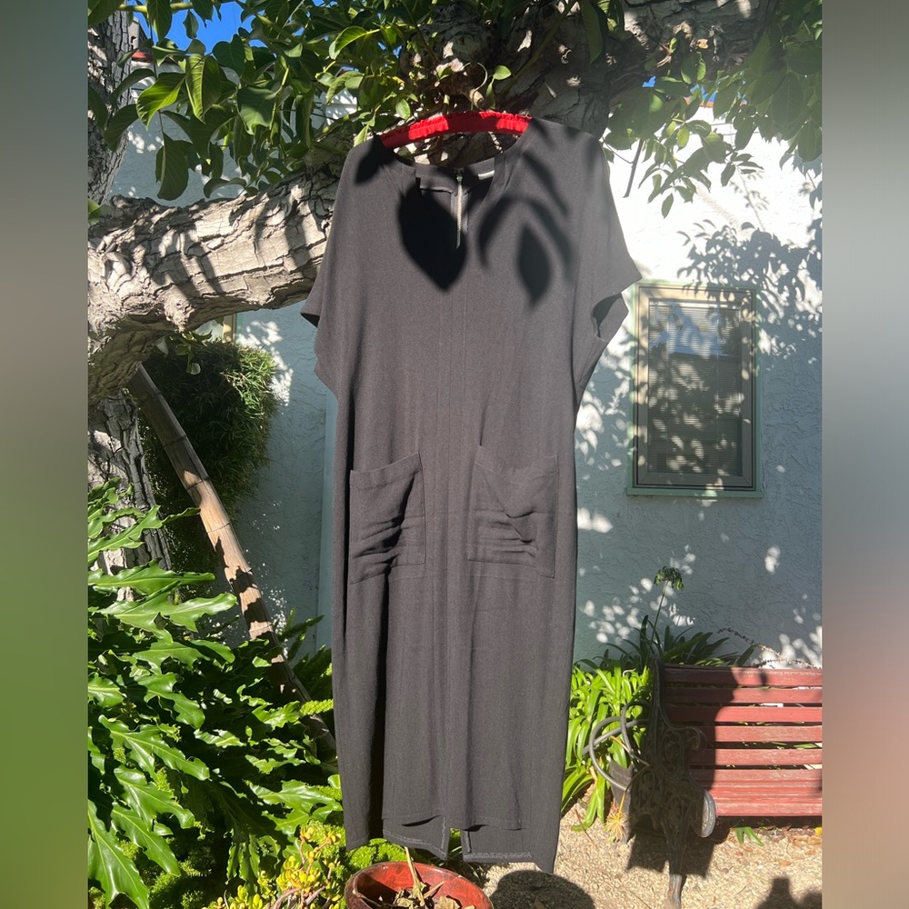 Apiece Apart Black V-Neck Linen-Blend Dress with Front Pockets | Dolman Sleeves